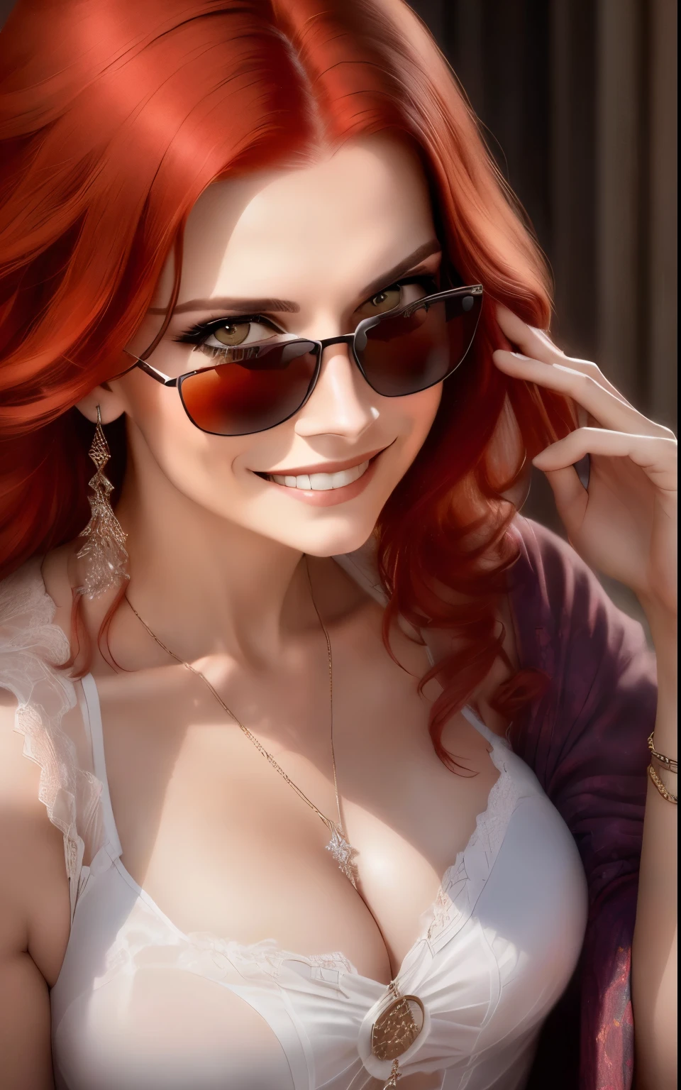 woman with red hair and sunglasses holding a and smiling, a very macular woman in white, she has a distant expression, maia sandu hyperrealistic, but a stern look about her, not smiling, carola rubio, proud serious expression, looking serious, laura sava, serious face, concerned expression, serious expression, sanja stikovic, intense expression