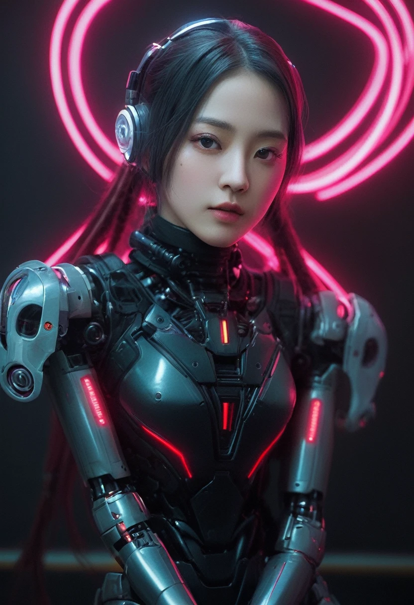 xxmixgirl. Highly detailed professional 35mm film, bokeh, face in sharp focus. A robotic female, Miku, with ((metal skin)), ((perfect Asian eyes)) with magenta irises and ((black pupils)), beautiful serious (detailed face), 18 year old ((photorealistic face)), very long magenta twin tails of magenta hair, twin black hair ties with a single red stripe. She may have a black audio headpiece. We can see her ((full body)) down to her boot soles. Her outfit is a sleeveless collared light grey shirt, outlined in red around the frilled collar and hems. Shiny reflective ((metallic breast cups, dimpleless)), invisible nipples. She wears black sleeves with red hems that start around her upper arm and bellow out as the sleeves open and extend to her wrists, with wide trumpet red rimmed cuffs. She has perfect robotic (detailed hands). She wears a red colored tie with two horizontal solid parallel black lines halfway across. She wears a fabric black skirt with a horizontal red hem at the bottom all the way around; her (((black skirt wraps around her))) and ((her skirt completely covers)) her robotic waist and thighs. Tall black boots with red bottom soles, a red rim around the top at her thighs. Her mechanical shoulder joints are visible. We can see her robotic legs and robotic neck. Half of her is covered with shiny polished machinery. The background is a distant dark neon futuristic Japanese city, gold, cyan, violet neon, near harbor or mountains.