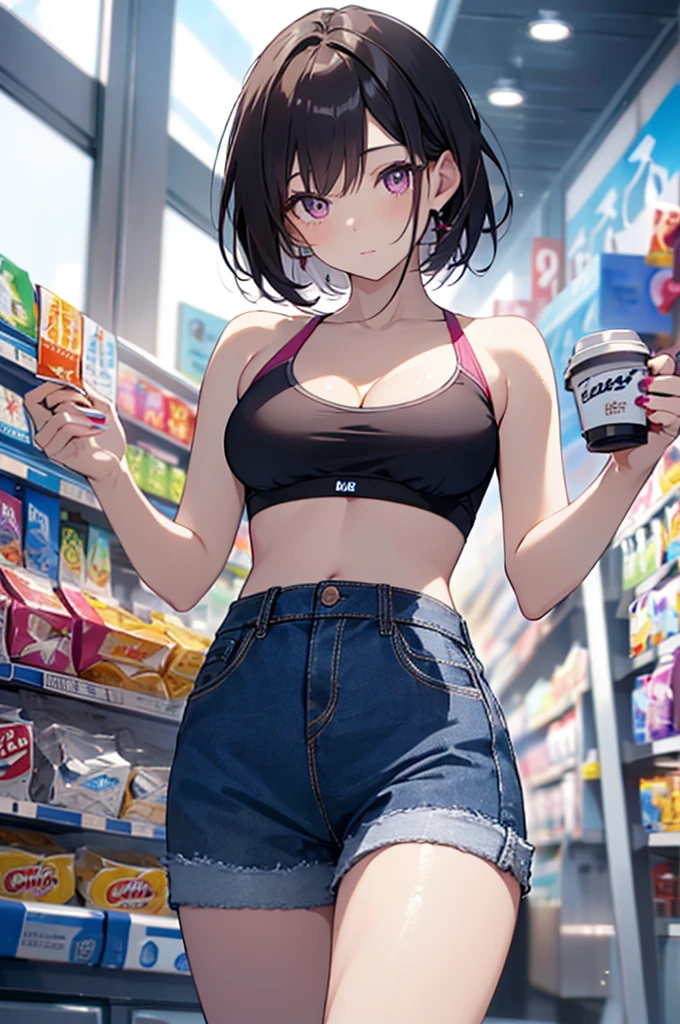 (masterpiece, Best Quality, ultra-detailed, high resolution, extremely detailed CG, official art, Professional Lighting, Perfect Anatomy, anime colors), (from below), looking at viewer, cowboy shot, perfect body, 24yo beautiful 1girl, medium hips, glamorous body,a small face,beautiful-makeup,Makeup light,Shortcut Hair,dark brown hair、Bust b Cup, Amazing Cleavage, thin waist, big ass, Raised sexy, big breast: 1.2 posed cleavage:1.2, (off shoulders,Sportsbra,legginullnude), micro denim shorts, bare legs, nail_polish, pale skin, Waiting friend, (morning:1.5), tokyo, (convenience store:1.3), outdoor, (depth of field:1.3), contrapposto, (Hold a coffee in your hand:1.3),delicate beautiful face, Bright magenta eyes, cute eyes, sparkling eyes, Big eyes, (big breasts:1.3), (perky chest:1.1), (pointed chest:1.3), looking at viewer,
