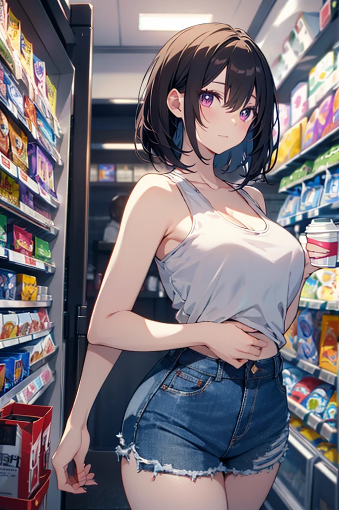 (masterpiece, Best Quality, ultra-detailed, high resolution, extremely detailed CG, official art, Professional Lighting, Perfect Anatomy, anime colors), (from below), looking at viewer, cowboy shot, perfect body, 24yo beautiful 1girl, medium hips, glamorous body,a small face,beautiful-makeup,Makeup light,Shortcut Hair,dark brown hair、Bust b Cup, Amazing Cleavage, thin waist, big ass, Raised sexy, big breast: 1.2 posed cleavage:1.2, (off shoulders,Sportsbra,legginullnude), micro denim shorts, bare legs, nail_polish, pale skin, Waiting friend, (morning:1.5), tokyo, (convenience store:1.3), outdoor, (depth of field:1.3), contrapposto, (Hold a coffee in your hand:1.3),delicate beautiful face, Bright magenta eyes, cute eyes, sparkling eyes, Big eyes, (big breasts:1.3), (perky chest:1.1), (pointed chest:1.3), looking at viewer,