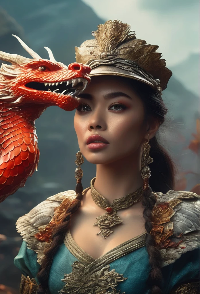 A beautiful girl standing outdoors, holding a weapon, a bird perched on her hand, with a boy standing behind her, both wearing hats, with an eastern dragon and monster in the cloudy, foggy sky, (best quality,4k,8k,highres,masterpiece:1.2),ultra-detailed,(realistic,photorealistic,photo-realistic:1.37),extremely detailed eyes and face,longeyelashes,beautiful detailed lips,highly detailed, cinematic, dramatic lighting, cinematic composition, vibrant colors, fantasy, digital art