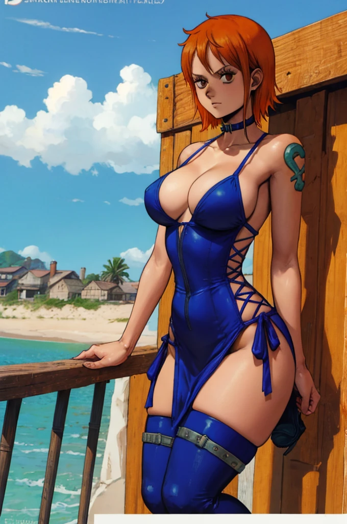 Dorohedoro Style, Nami from One Piece, short orange hair, sexy thick body, blue stockings, blue choker, blue sexy lingerie, sea, sea beach