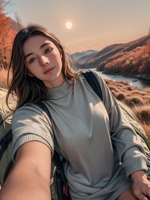 1 female((Upper body selfie, Happy)), masterpiece, Highest quality, Super detailed, alone, Outdoor, (night), Mountain々, nature, (performer, moon) Hilarious, Happy, Backpack, sleeping bag, Camping stove, Water bottle, Mountain boots, gloves, sweater, Have, flashlight, forest, rock, river, wood, cigarette, Shadow, Contrast, sunny, Analog Style (View the viewer:1.2) (Skin Texture) (Film Grain:1.3), (Warm shades, Warm Tones)