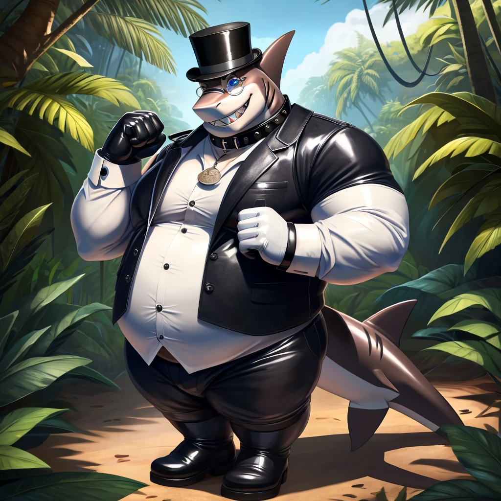 Solo, Male, fat, extremely obese, gentleman, dapper Professor Shark, blue eyes, (posing:1.3), (soft shading), 4k, hi res, ((detailed face, detailed)), looking at viewer, evil grin, jungle, forest, collared shirt with buttons, top hat, male focus, Explorer Outfit, glasses, monocle, bag, vest with buttons, backpack, sleeves rolled up, round eyewear, brown headwear, brown vest, Shark is wearing a glossy leather dog collar around the neck, Shark is wearing the leather collar and shirt and vest at the same time, Shark is wearing glossy white rubber gloves on the hands, wearing white rubber gloves on the feet, Shark is wearing glossy white cuffs around the wrists with cufflinks, gloves are rubber in texture, clenching teeth, clenching fists, leather collar is glossy and shiny with a lot of detail, Shark is wearing gloves and cuffs and cufflinks at the same time, leather collar has a round dog-tag, leather collar is thick and detailed.