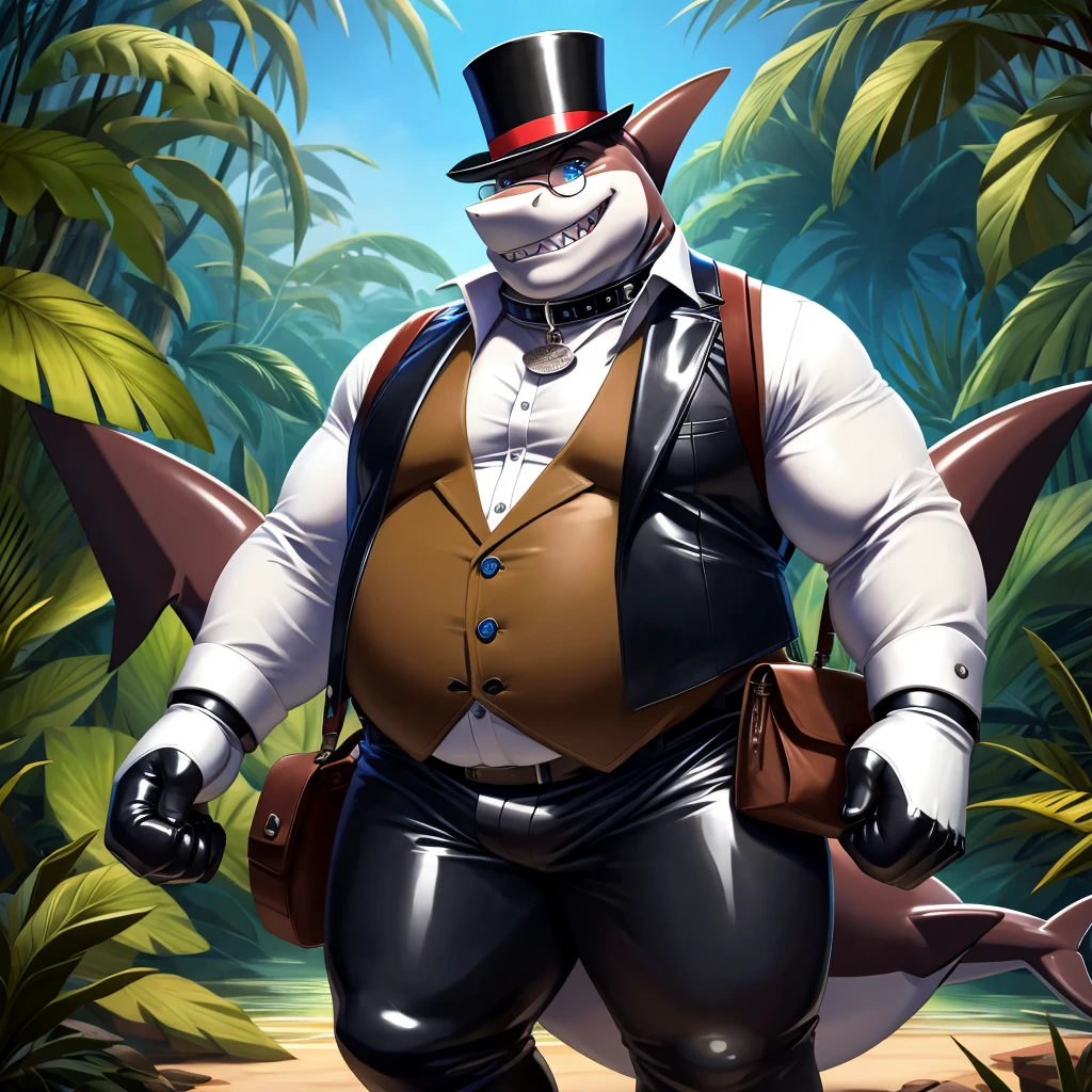 Solo, Male, fat, extremely obese, gentleman, dapper Professor Shark, blue eyes, (posing:1.3), (soft shading), 4k, hi res, ((detailed face, detailed)), looking at viewer, evil grin, jungle, forest, collared shirt with buttons, top hat, male focus, Explorer Outfit, glasses, monocle, bag, vest with buttons, backpack, sleeves rolled up, round eyewear, brown headwear, brown vest, Shark is wearing a glossy leather dog collar around the neck, Shark is wearing the leather collar and shirt and vest at the same time, Shark is wearing glossy white rubber gloves on the hands, wearing white rubber gloves on the feet, Shark is wearing glossy white cuffs around the wrists with cufflinks, gloves are rubber in texture, clenching teeth, clenching fists, leather collar is glossy and shiny with a lot of detail, Shark is wearing gloves and cuffs and cufflinks at the same time, leather collar has a round dog-tag, leather collar is thick and detailed.