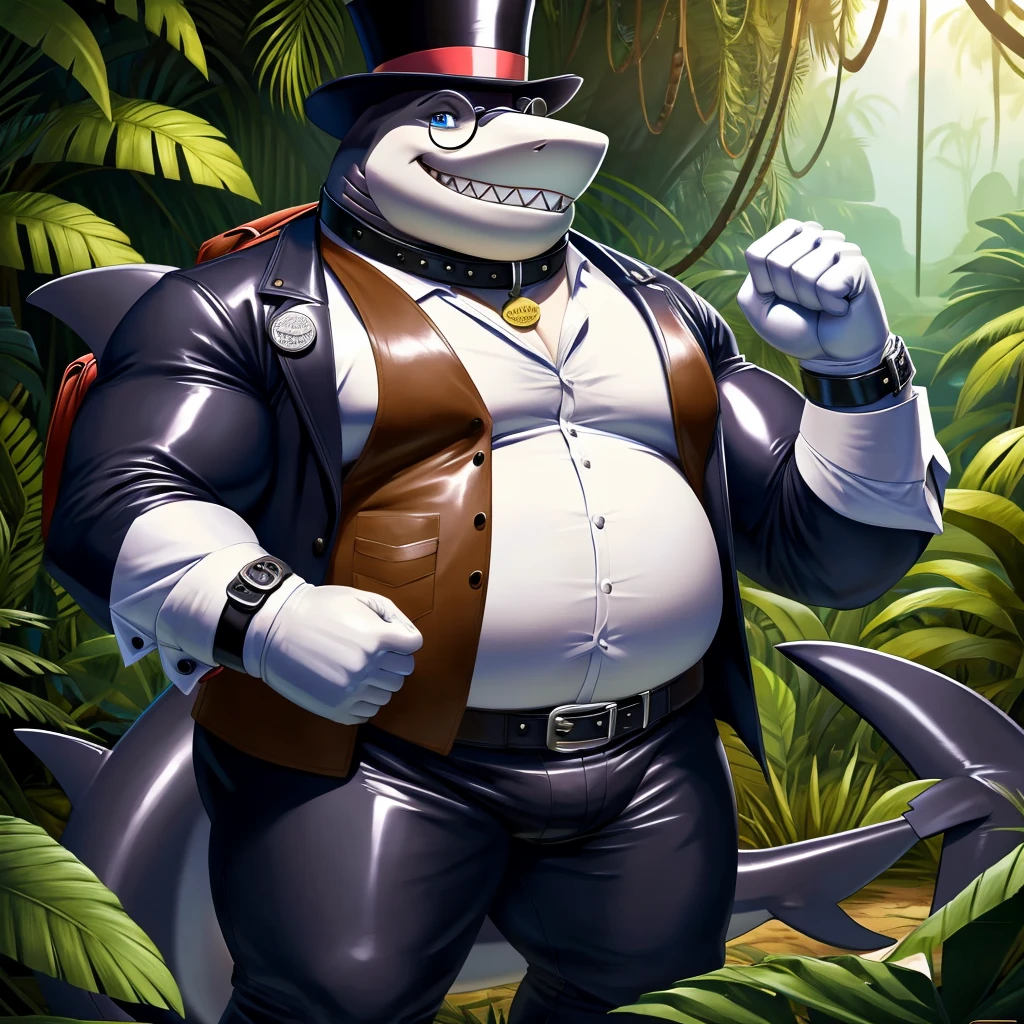 Solo, Male, fat, extremely obese, gentleman, dapper Professor Shark, blue eyes, (posing:1.3), (soft shading), 4k, hi res, ((detailed face, detailed)), looking at viewer, evil grin, jungle, forest, collared shirt with buttons, top hat, male focus, Explorer Outfit, glasses, monocle, bag, vest with buttons, backpack, sleeves rolled up, round eyewear, brown headwear, brown vest, Shark is wearing a glossy leather dog collar around the neck, Shark is wearing the leather collar and shirt and vest at the same time, Shark is wearing glossy white rubber gloves on the hands, wearing white rubber gloves on the feet, Shark is wearing glossy white cuffs around the wrists with cufflinks, gloves are rubber in texture, clenching teeth, clenching fists, leather collar is glossy and shiny with a lot of detail, Shark is wearing gloves and cuffs and cufflinks at the same time, leather collar has a round dog-tag, leather collar is thick and detailed.