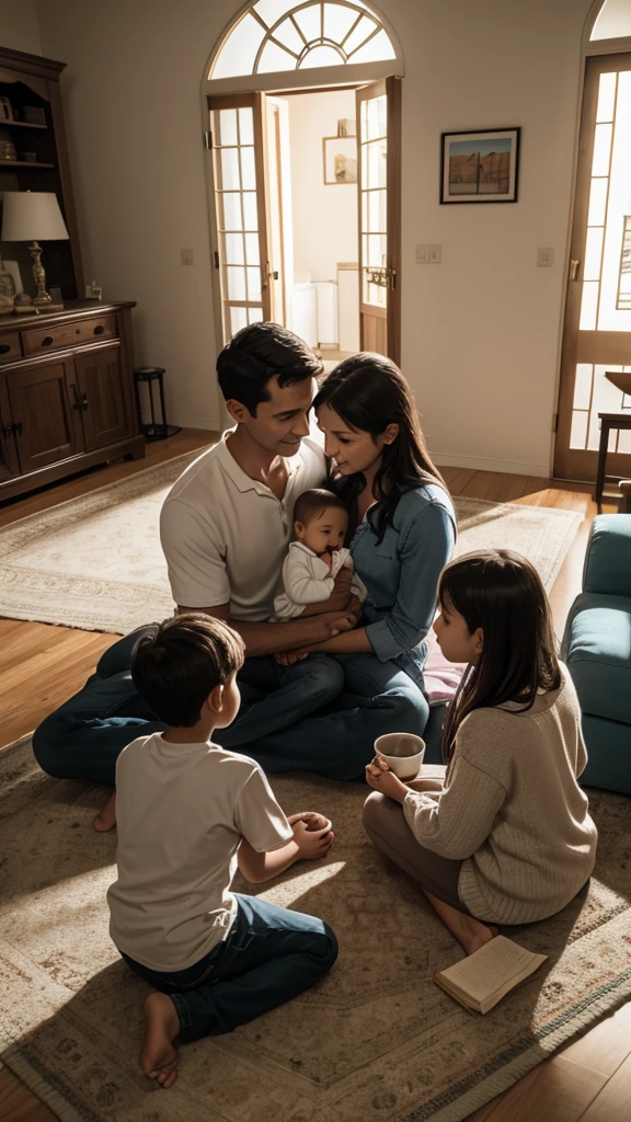 A middle-aged family in prayer with their two children in the living room of their house