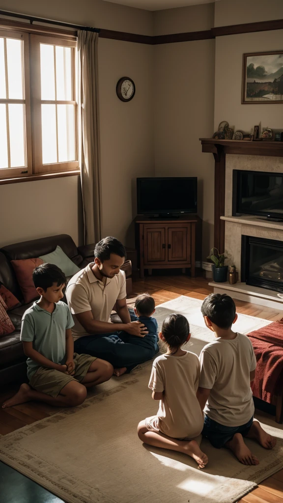 A middle-aged family in prayer with their two children in the living room of their house