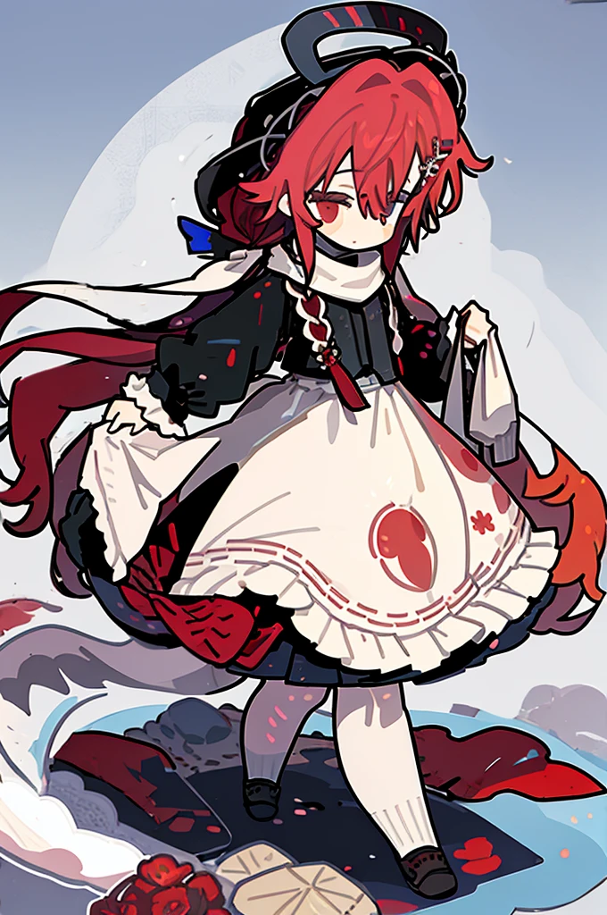 A girl，（Standing picture），（whole body），Character Design，Long hair，Fashion Design，Complex headdress，Complex clothes，cute，scarf，Everyday wear，Red hair，Skeleton，Lolita，