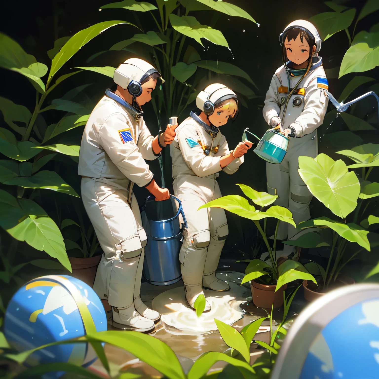 Astronauts sprinkling water with a watering can, tiny plant Sprout, on a small planet,