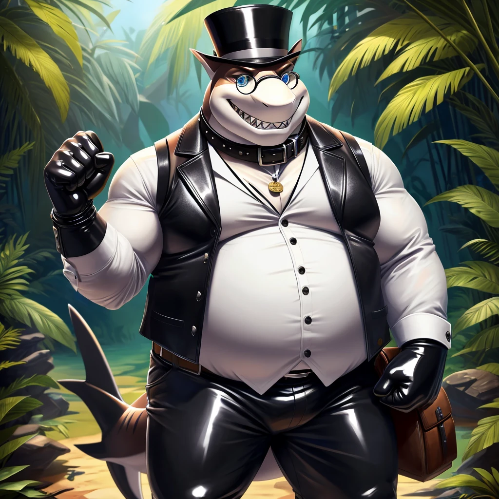 Solo, Male, fat, extremely obese, gentleman, dapper Professor Shark, blue eyes, (posing:1.3), (soft shading), 4k, hi res, ((detailed face, detailed)), looking at viewer, evil grin, jungle, forest, collared shirt with buttons, top hat, male focus, Explorer Outfit, glasses, monocle, bag, vest with buttons, backpack, sleeves rolled up, round eyewear, brown headwear, brown vest, Shark is wearing a glossy leather dog collar around the neck, Shark is wearing the leather collar and shirt and vest at the same time, Shark is wearing glossy white rubber gloves on the hands, wearing white rubber gloves on the feet, Shark is wearing glossy white cuffs around the wrists with cufflinks, gloves are rubber in texture, clenching teeth, clenching fists, leather collar is glossy and shiny with a lot of detail, Shark is wearing gloves and cuffs and cufflinks at the same time, leather collar has a round dog-tag, leather collar is thick and detailed.