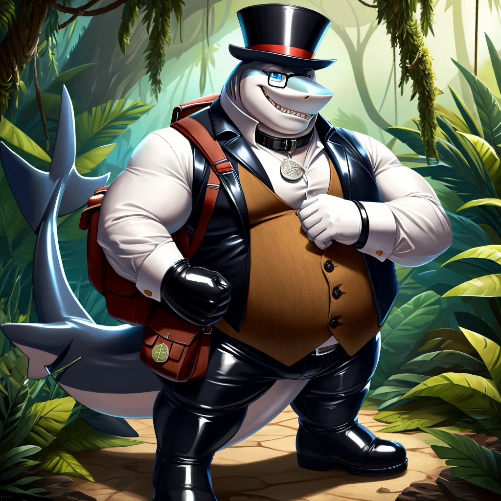 Solo, Male, fat, extremely obese, gentleman, dapper Professor Shark, blue eyes, (posing:1.3), (soft shading), 4k, hi res, ((detailed face, detailed)), looking at viewer, evil grin, jungle, forest, collared shirt with buttons, top hat, male focus, Explorer Outfit, glasses, monocle, bag, vest with buttons, backpack, sleeves rolled up, round eyewear, brown headwear, brown vest, Shark is wearing a glossy leather dog collar around the neck, Shark is wearing the leather collar and shirt and vest at the same time, Shark is wearing glossy white rubber gloves on the hands, wearing white rubber gloves on the feet, Shark is wearing glossy white cuffs around the wrists with cufflinks, gloves are rubber in texture, clenching teeth, clenching fists, leather collar is glossy and shiny with a lot of detail, Shark is wearing gloves and cuffs and cufflinks at the same time, leather collar has a round dog-tag, leather collar is thick and detailed.
