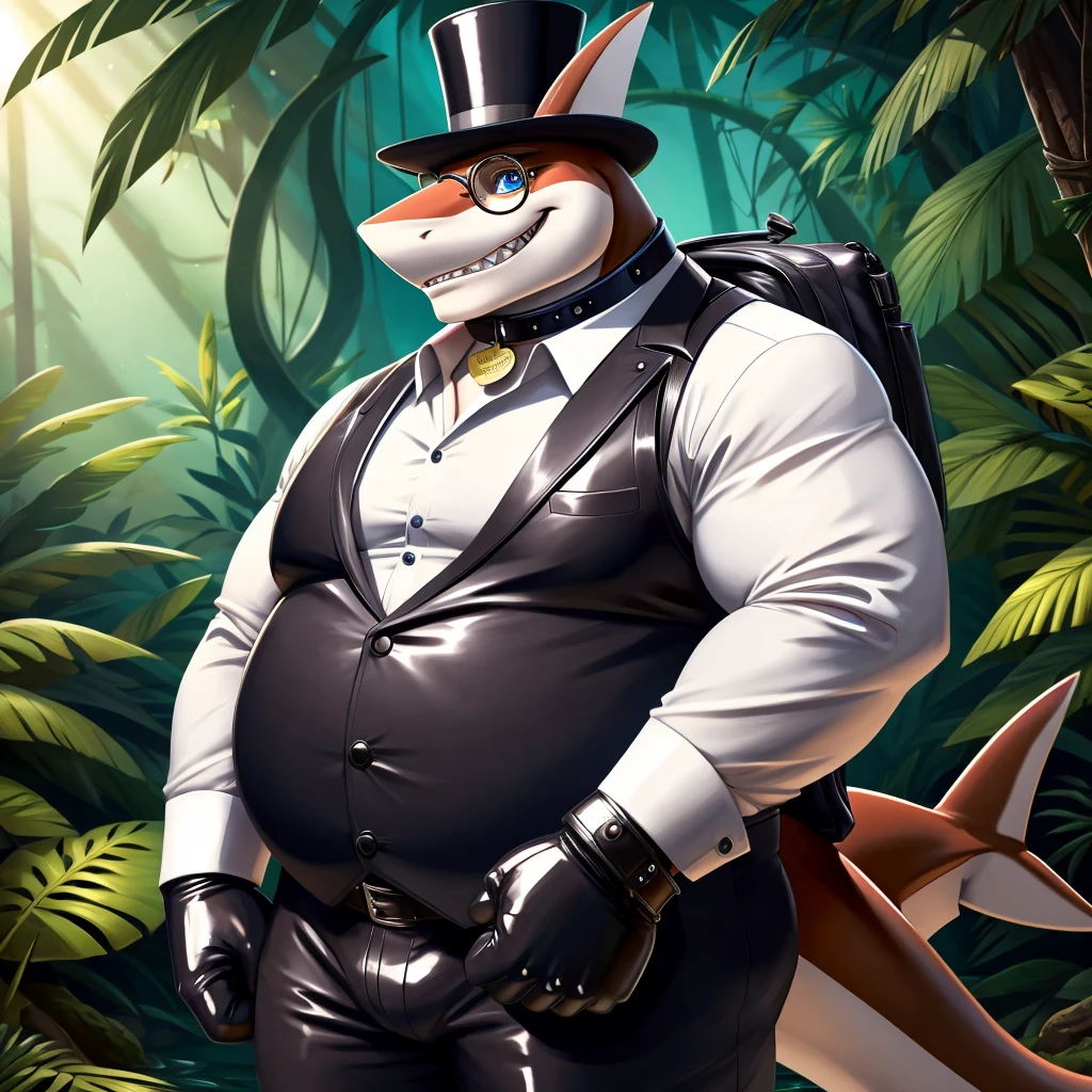 Solo, Male, fat, elderly, squatting, wealthy, high class, extremely obese, gentleman, dapper, Professor Dragon, having his penis milked by a penis pump, blue eyes, (soft shading), 4k, hi res, ((detailed face, detailed)), looking at viewer, evil grin, forest, jungle, collared shirt with buttons, top hat, male focus, Safari Outfit, glasses, monocle, bag, vest with buttons, backpack, sleeves rolled up, round eyewear, brown headwear, brown vest, Dragon is wearing a glossy leather dog collar around the neck, Dragon is wearing the leather collar and shirt and vest at the same time, Dragon is wearing glossy white rubber gloves on the hands, wearing white rubber gloves on the feet, Dragon is wearing glossy white cuffs around the wrists with cufflinks, gloves are rubber in texture, clenching teeth, clenching fists, leather collar is glossy and shiny with a lot of detail, Dragon is wearing gloves and cuffs and cufflinks at the same time, leather collar has a round dog-tag, leather collar is thick and detailed, pump is shiny, pump tube goes around the shaft of the penis, penis is inserted in the pump, ejaculating into the pump, penis pump is on the penis, penis pump is cylindrical, penis pump is pumping sperm from the penis, penis pump has a white hose connected to a tank which stores sperm.