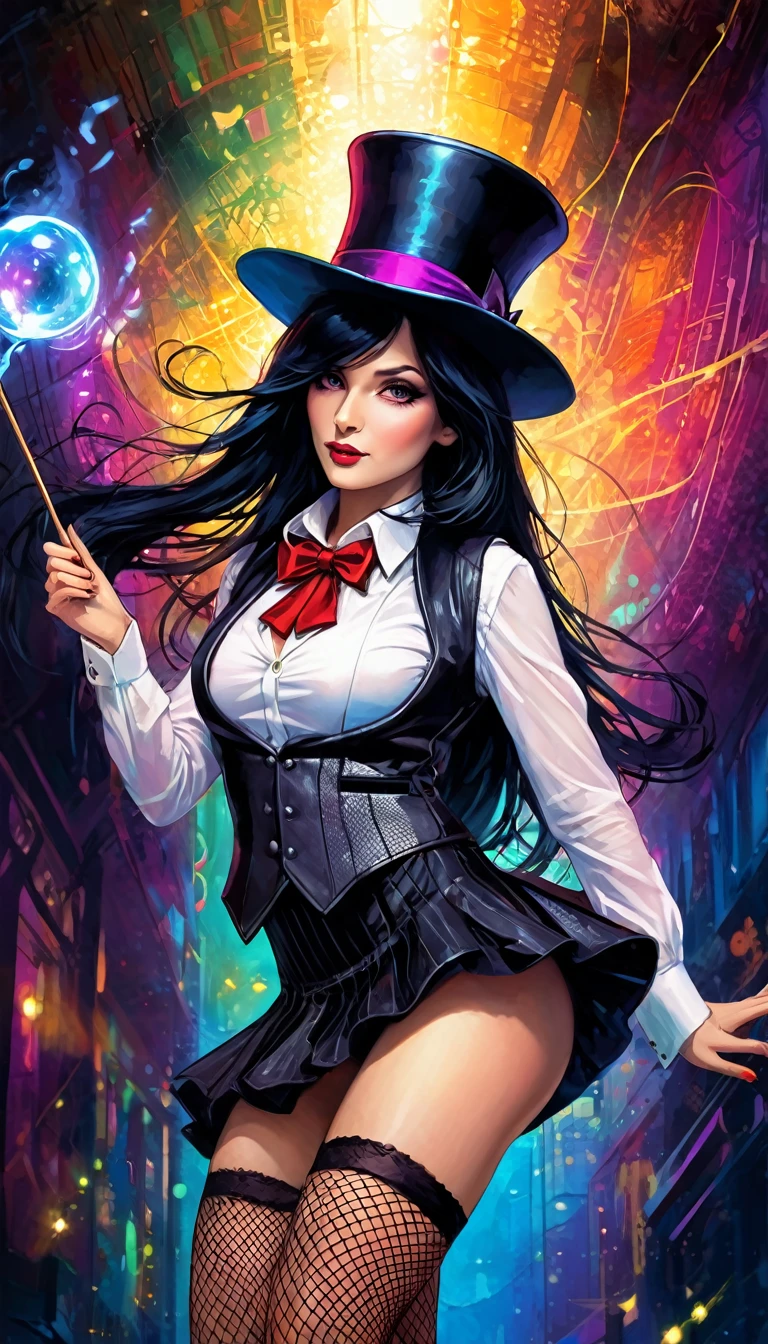 a magician girl with long black hair, wearing a magician hat, elegant and sexy outfit with a vest, miniskirt and fishnet stockings, performing magic, dark and fantastic background, inspired by the art of Bill Sienkiewicz, high quality, ultra-detailed, photorealistic, vivid colors, professional (best quality, 4k, 8k, high resolution, masterpiece: 1.2), ultra detailed, (realistic, photorealistic, photorealistic: 1.37), intricate details, vivid colors, sharp focus, professional, Dave's artwork McKean, oil painting touch of surrealism, oil painting style
