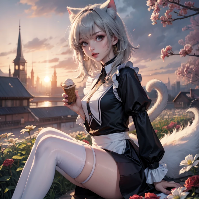 1girl, white maid dress, jewelry, green hair, flowing hair, long hair, white roses, firefly, oriental architecture, maid dress with a short skirt and layers, white laces, white boots, white dress with transparency, gold details on her clothes, cat ears, animal ears, outside, outdoor, seat on the water, meteor falling in the sky, white roses, grass flowers, more details, perfectly body, perfectly hands, two hands, two legs, two arms, five fingers, glowing hair, best quality, cat ears, animal ears, tail ornament, tail bow, white gloves, two cat tail, white gloves, alone, maid headdress, choker, garden scenery, detached sleeves, maid dress, maid white dress, strapless, masterpeice, best quality, detailed face, night, mobius (honkai impact), honkai (series), honkai impact 3rd, asymmetrical gloves, bangs, white short skirt , white gloves, white boots, earrings, elbow gloves, fishnet thighhighs, fishmasterpeice, solo, best quality, detailed face, gloves, green eyes, green hair, hair between eyes, jewelry, long hair, looking at viewer, single earring, sky, sleeveless, solo, thigh boots, thighhighs, tongue, tongue out, uneven gloves, sitting, cat ears, animal ears, cat tail, holding a ice cream