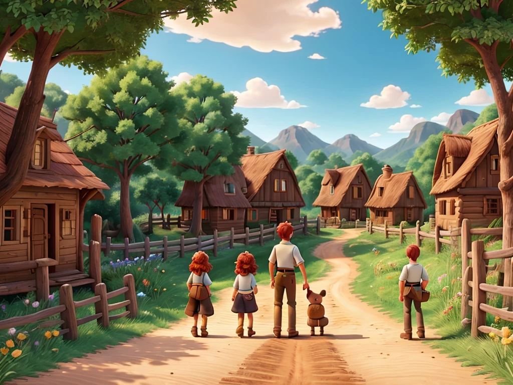 A captivating Disney animation scene set on the dirt road that leads back to the village with a leaky wooden bucket talking, a red-haired woman with long messy hair, another wooden bucket and another man with brown hair, all with their backs looking at the road where only one side was a path of flowers
