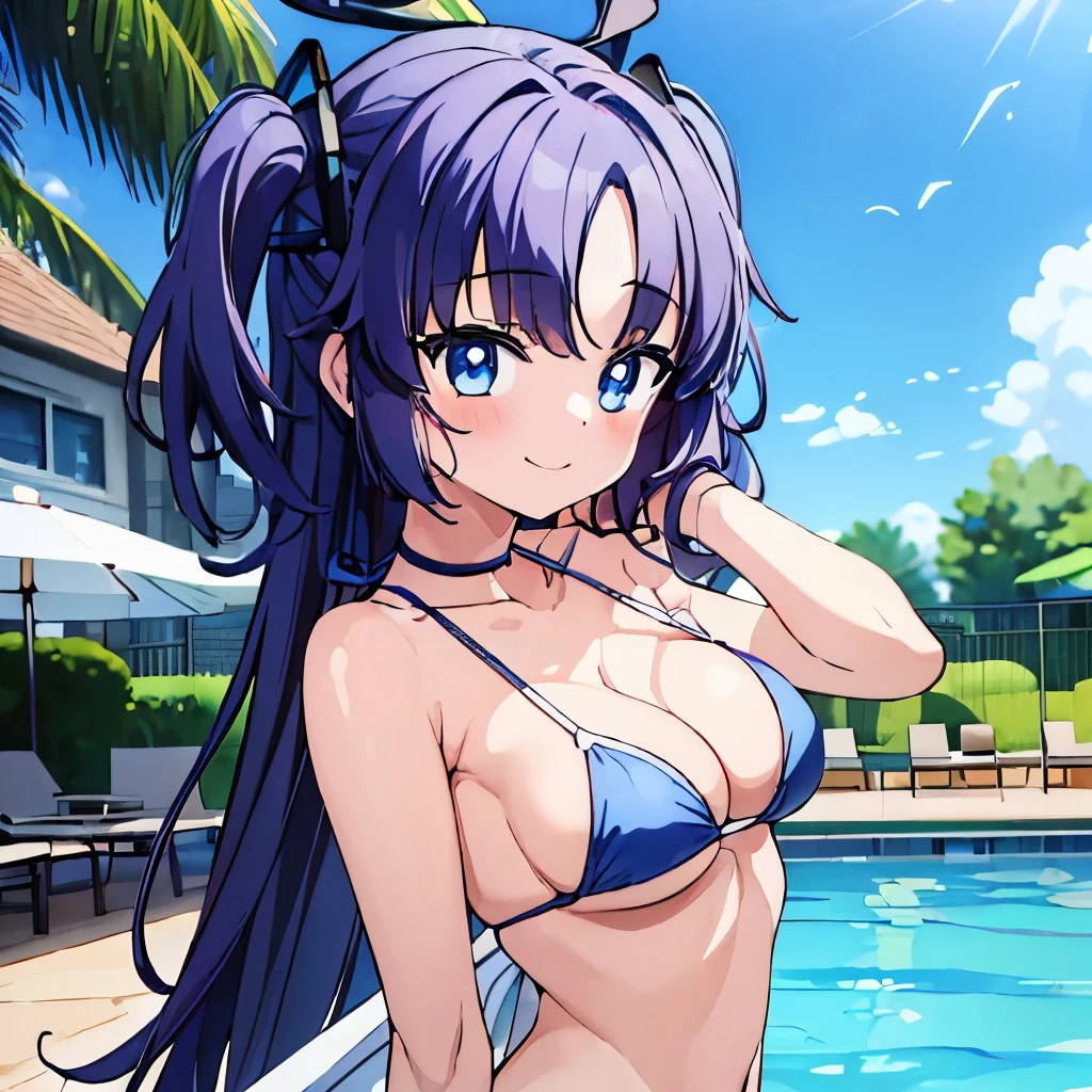 ((masterpiece)), ((best quality)), (ultra-detailed), anime style, pool, a cute girl, 1girl, solo, ((beautiful eyes)), smile, bikini00,