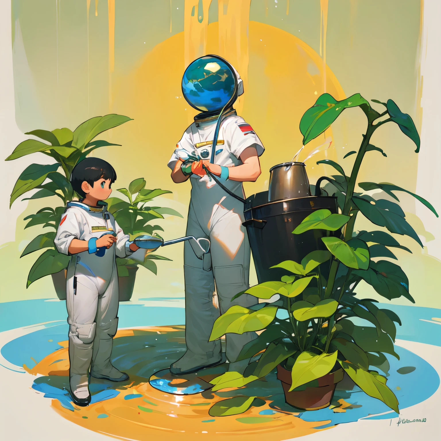 Astronauts sprinkling water with a watering can, tiny plant Sprout, on a small planet,