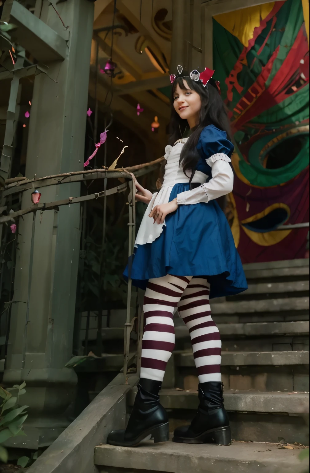 (Best quality, 8k, 32k, Masterpiece, UHD:1.2), "Transform the scene into the whimsical and surreal Wonderland from Tim Burton's Alice in Wonderland movie. Picture a fantastical landscape filled with vibrant colors, twisted shapes, and eccentric details that defy the laws of nature.
The sky is a swirling blend of deep purples and electric blues, dotted with fluffy, oversized clouds. The ground is a patchwork of lush, green meadows and peculiar, brightly colored flowers that seem to have a life of their own. Enormous mushrooms, in a variety of shapes and sizes, tower above, casting curious shadows.
In the distance, you can see the towering, whimsical architecture of the Queen of Hearts' castle, with its heart-shaped turrets and red-and-black color scheme. A winding path, paved with mismatched stones, leads through the landscape, inviting exploration. Along the path, you'll encounter all manner of strange and enchanting creatures, from the mischievous Cheshire Cat, with his wide grin and glowing eyes, to the endearing yet peculiar White Rabbit, always in a hurry.
The trees are gnarled and twisted, with branches that reach out like skeletal hands, some adorned with glowing lanterns and peculiar fruits. The foliage is dense and full of surprises, with occasional glimpses of fantastical creatures peeking through.
The overall atmosphere is one of enchantment and curiosity, with a touch of darkness and mystery, capturing the unique and magical essence of Tim Burton's Wonderland. Every element should be infused with a sense of whimsy and wonder, transforming the setting into a place where the impossible becomes possible." ((queen of Hearts)) ((throne Room))