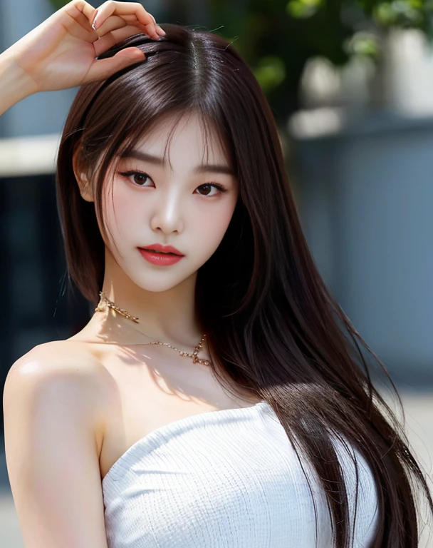 Close-up of a woman in a white top posing for a photo, beautiful south korean woman, gorgeous young korean woman, beautiful young korean woman, korean girl, jennie pink black, asian features, beautiful Asian girl, young and adorable korean face, korean woman, jaeyeon nam, a young asian woman, Asian girl, Korean face features, an asian woman, beautiful asian woman with big tits, latin curves