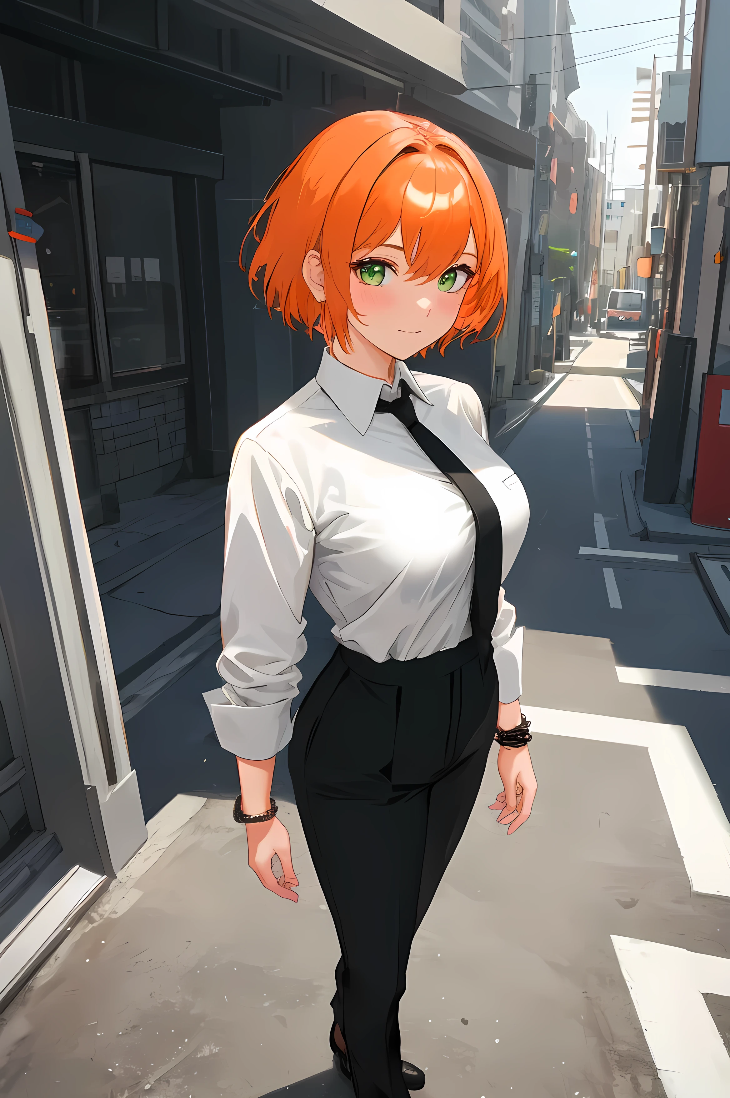 masterpiece, best quality, highly detailed background, perfect lighting, best quality, (extremely detailed face), volumetric lighting, intricate details, shadow, tonemapping, sharp focus, hyper detailed, trending on Artstation, (solo)
BREAK
(Blush, orange hair, green eyes, 25 years old, short hair, medium build, medium breasts ), (hands)
BREAK
((White shirt, long sleeve shirt, black pants, black tie, red bracelet))
BREAK
(city street )
BREAK
(Standing, facing_viewer,looking_at_viewer, light smile, closed mouth)