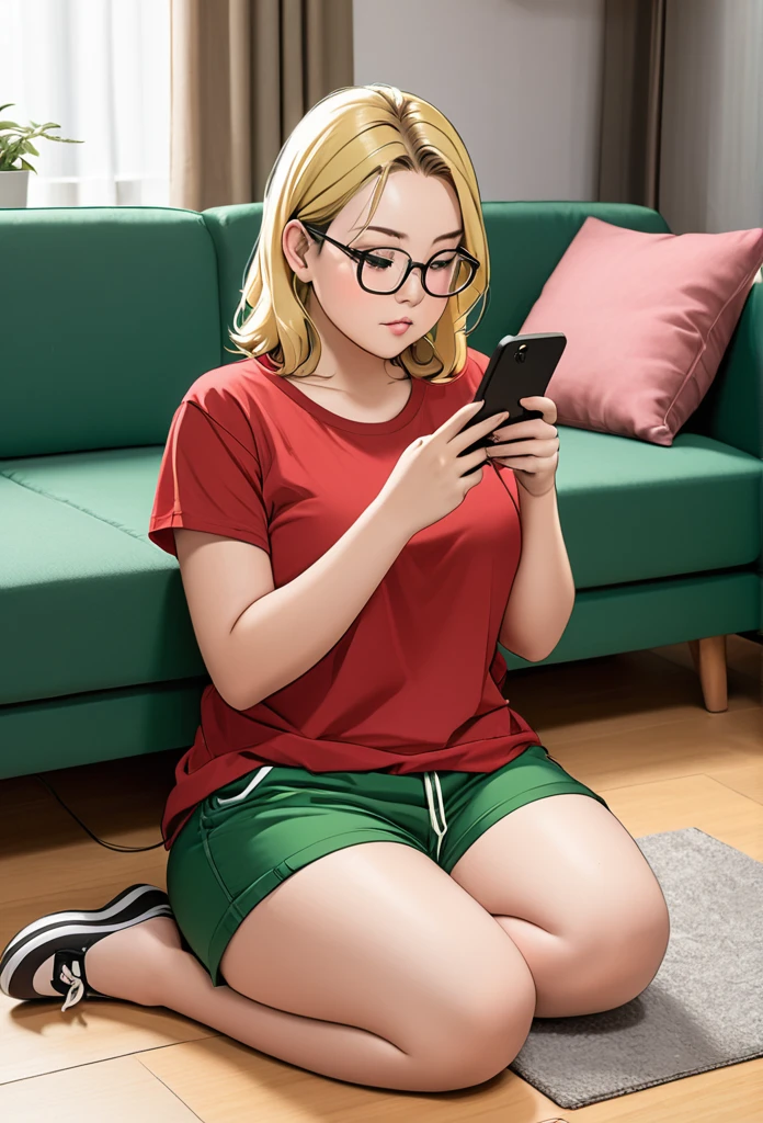 chubby girl, blonde, medium length hair, open forehead, no bangs, green eyes, black square-rimmed glasses, green shorts, red T-shirt, sitting on the floor, sitting near the sofa, holding a phone, looking at the phone