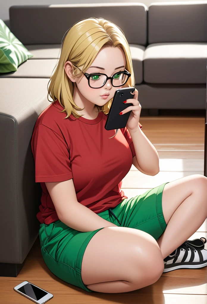 chubby girl, blonde, medium length hair, open forehead, no bangs, green eyes, black square-rimmed glasses, green shorts, red T-shirt, sitting on the floor, sitting near the sofa, holding a phone, looking at the phone