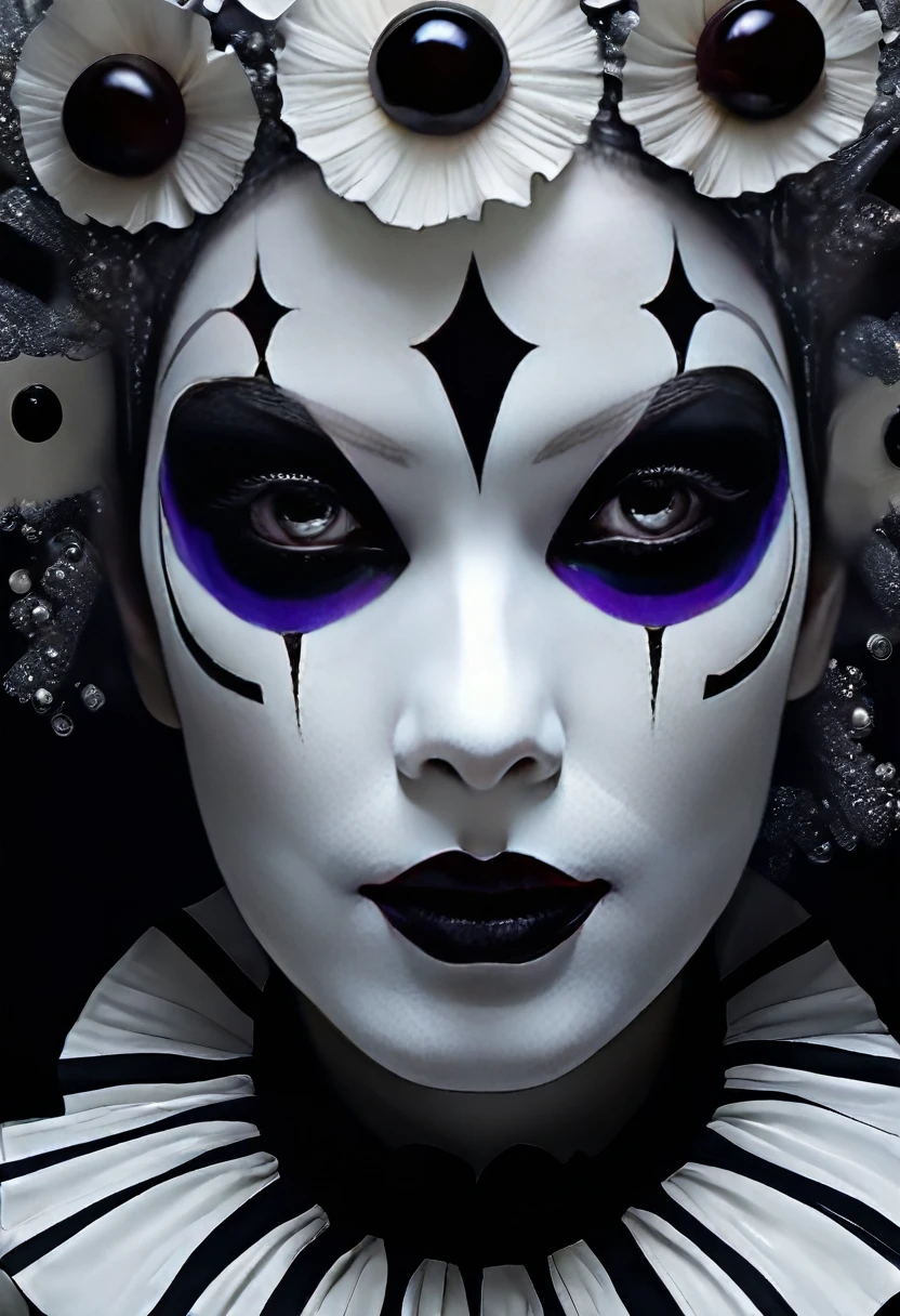 Pierrot clown robot, mandelbrot, cellular automata, human face, extremely white face powder, heavy make-up, pixiv, hd, hq, 5d, hyper-realistic, black irises