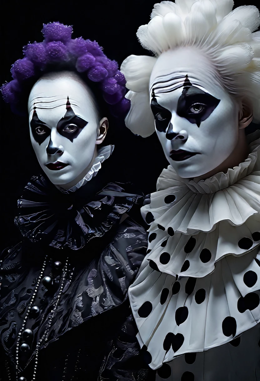 Pierrot clown robot, mandelbrot, cellular automata, human face, extremely white face powder, heavy make-up, pixiv, hd, hq, 5d, hyper-realistic, black irises