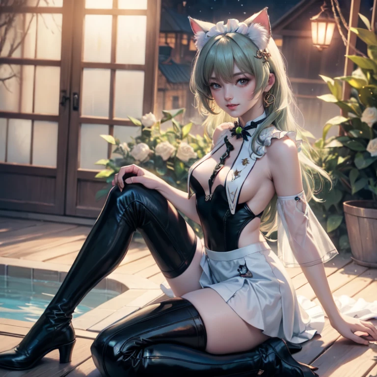 1girl, white maid dress, jewelry, green hair, flowing hair, long hair, white roses, firefly, oriental architecture, maid dress with a short skirt and layers, white laces, white boots, white dress with transparency, gold details on her clothes, cat ears, animal ears, outside, outdoor, seat on the water, meteor falling in the sky, white roses, grass flowers, more details, perfectly body, perfectly hands, two hands, two legs, two arms, five fingers, glowing hair, best quality, cat ears, animal ears, tail ornament, tail bow, white gloves, two cat tail, white gloves, alone, maid headdress, choker, garden scenery, detached sleeves, maid dress, maid white dress, strapless, masterpeice, best quality, detailed face, night, mobius (honkai impact), honkai (series), honkai impact 3rd, asymmetrical gloves, bangs, white short skirt , white gloves, white boots, earrings, elbow gloves, fishnet thighhighs, fishmasterpeice, solo, best quality, detailed face, gloves, green eyes, green hair, hair between eyes, jewelry, long hair, looking at viewer, single earring, sky, sleeveless, solo, thigh boots, thighhighs, tongue, tongue out, uneven gloves, sitting, cat ears, animal ears, cat tail, holding a ice cream
