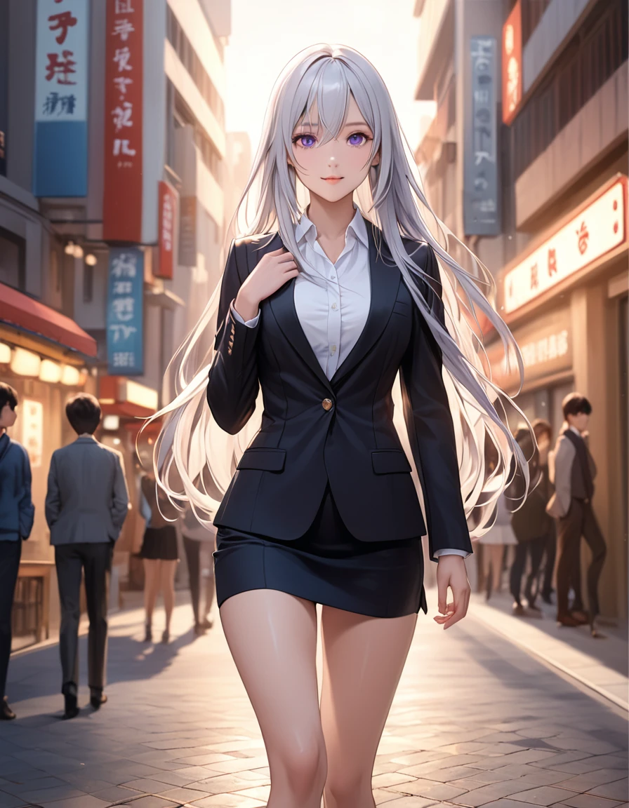 (masterpiece:1.2, top quality), (actual, photoactual:1.4), Nice illustration, (Natural side light, movie lighting),
looking at the audience, Cowboy shooting, Front view, 1 girl, Japanese, high school, perfect face, Cute and symmetrical face, shiny skin, baby face,
(long hair, Straight Hair, silver hair), Hair between the eyes, Purple Eyes, (Medium Breast, Attractive thighs, Large target yes), perforation,
beautiful hair, pretty face, Beautiful and delicate eyes, Beautiful clavicle, Beautiful body, Beautiful breasts, Beautiful thighs, Beautiful legs, Beautiful fingers,
((Long sleeve, White collar shirt, Black Blazer, Black pencil miniskirt), ID card, straps, Black high heels),
(Beautiful scenery), night, garden, pedestrian mall, (Lovely smile, Upper Eye), Large target , ((high resolution face)), (((yes)))