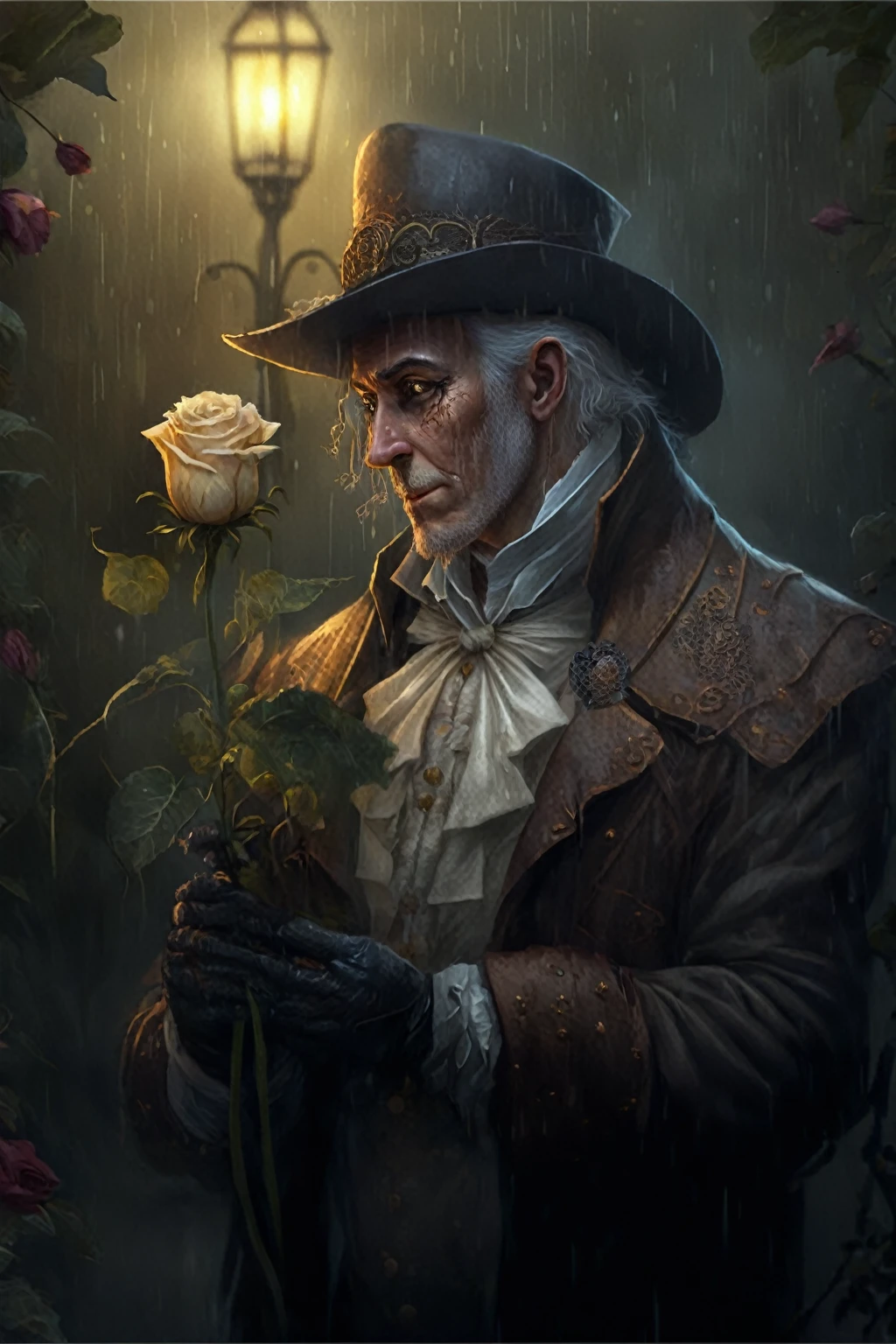 Detailed digital portrait of a Victorian warlock with dark, mysterious demeanor at a Tranquil lakeside village with fishers, on parchment,