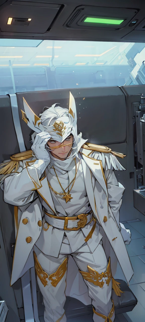 naughty man, white mask, white and gold captain's hat and Adidas clothes