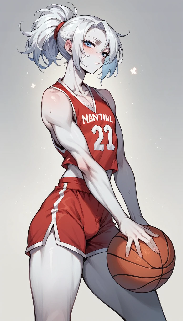 Girly 16 year old girl with white hair up blue eyes and beautiful white skin wearing basketball uniform
