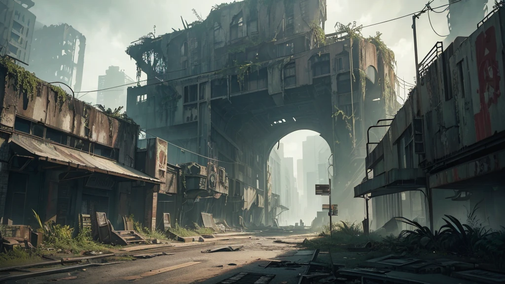 a futuristic abandoned city entrance, close-up view, detailed architecture, overgrown vegetation, grungy, moody lighting, cinematic composition, dystopian atmosphere, muted color palette, depth of field, dramatic shadows, crumbling buildings, rusted metal, eerie ambiance, post-apocalyptic, detailed foliage, decaying infrastructure, moody, high contrast, intricate details