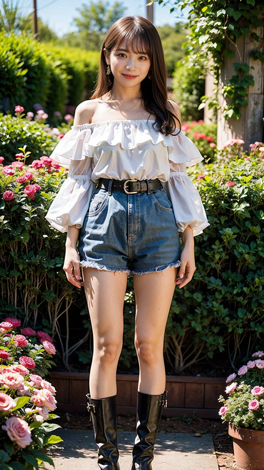 (8K、RAW Photos、Highest quality、masterpiece:1.2)、(Realistic、Realistic)、1 Girl、((Shorts、whole body、boots、Off the shoulder、See-through、Frills、garden、smile、whole body、View from the front、Ribbon on chest、Looking into the camera、belt、Stand with hands on hips))、