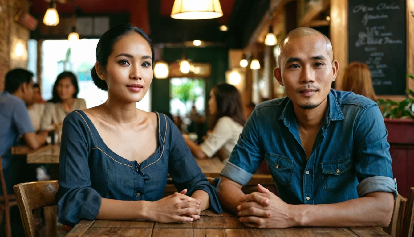 Create an image of Adul, an Indonesian man with a shaved head, slightly brownish skin, 30 years old, wearing a simple blue shirt and jeans. He is sitting at a table in a cozy, warmly lit café. As Adul looks up from his coffee, a beautiful woman with long, wavy hair, wearing a stylish dress, walks by his side, catching his attention. The woman moves gracefully, and Adul’s gaze follows her, clearly captivated. The café has a rustic charm with wooden tables, dim hanging lights, and a warm, inviting atmosphere. (back view, full shot, 8k)