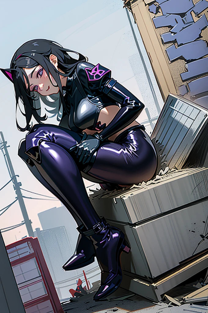 Sexy anime girl, black hair, purple eyes, Sitting on building and crushing it, the building is collapsing, wearing latex pants,(orgasm, Ahegao, crossed eyes, she is happy and horny), (collapsing building), her ass is crushing the building, her ass facing screen, impact, girl is riding a building, (crushed by ass)
