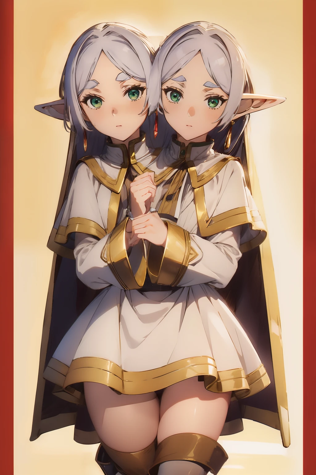 (2 heads:1.5), 1 girl,Alone,elf,by white,gray fur,earrings,pointy ears,wide,Horse tail,green eyes,two tails,split bangs,thick eyebrows,collared cape,white capelet,striped shirt,long sleeves,striped,White skirt.,
shackles,brown shoes,Expressionless,red cane,, exquisite images, High Definition,Masterpiece,Best Quality,, exquisite images,High Definition,Masterpiece,Best Quality,18 years,young female,beautiful fingers,beautiful long legs,beautiful body,beautiful character design,white panties,