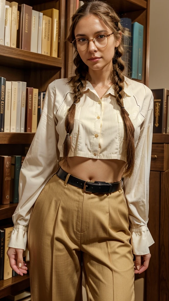 Pretty young woman, 32 years old, long brown hair in braids, golden eyes that shine like wheat, wearing black framed glasses, wearing a cream colored blouse, bare midriff, black slacks with a white belt, standing in a library, 8k UHD, extremely detailed, well lit