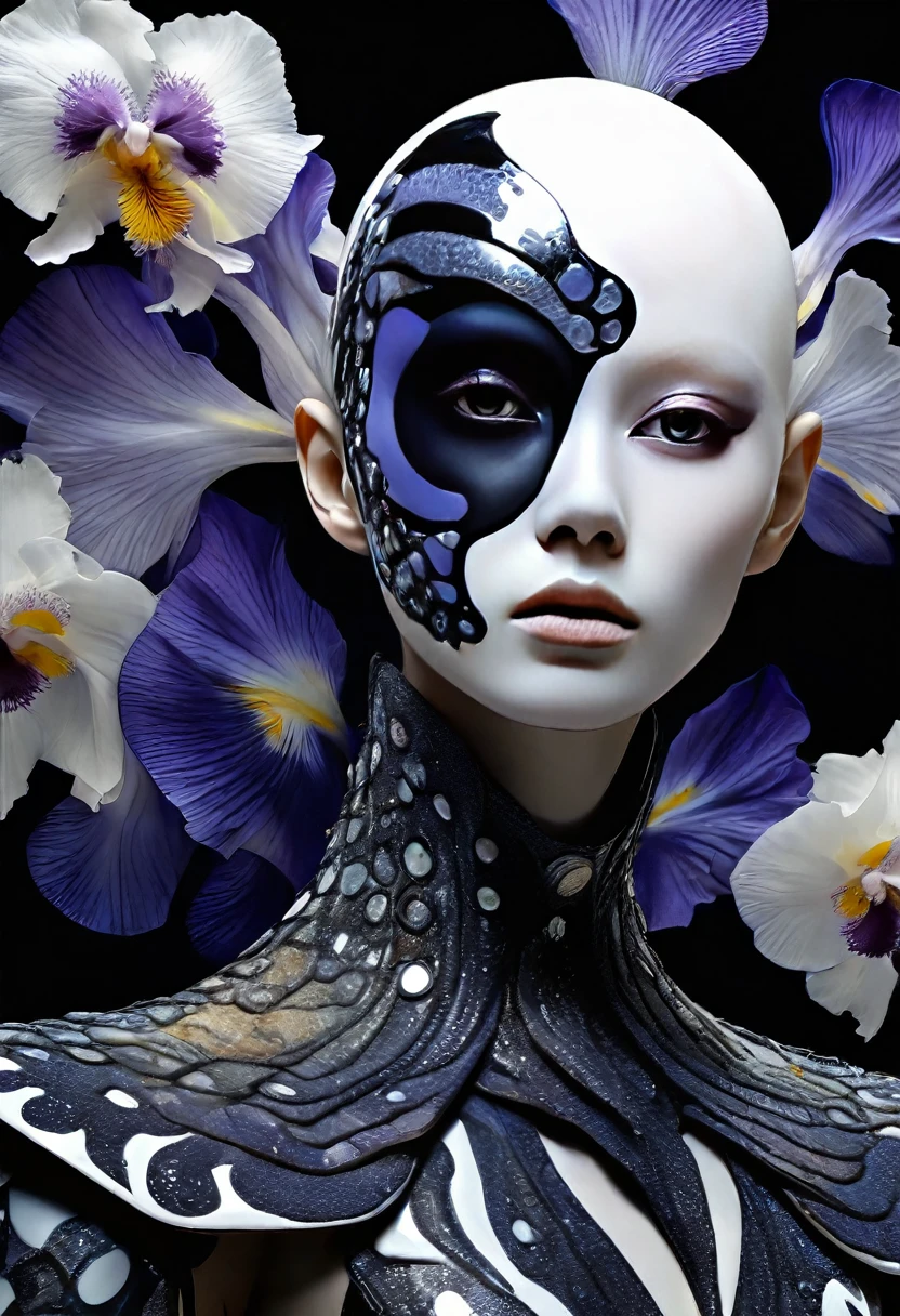 robot, mandelbrot, cellular automata, human face, extremely white face powder, heavy make-up, pixiv, hd, hq, 5d, hyper-realistic, black irises