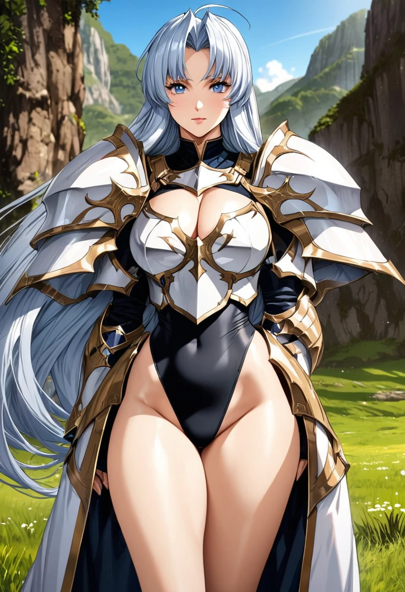 ((highest quality)), ((masterpiece)), ((hyperrealistic)), (detailed background), anime style, solo, 1girl, ((langrisser)), ((curvy: 1.2)), kawaii, ((fantasy armor: 1.3)), Silver long hair, ahoge, forehead, parted bangs, (white paladin armor), ((black leotard: 1.3)), ((large breasts)), (zettai ryouiki black knee socks), ((gauntlet)), (cleavage breastplate), (big butt), (thighs), (groin), beautiful eyes, perfect face, Perfect hands, perfect fingers, Blue sky and grassland,