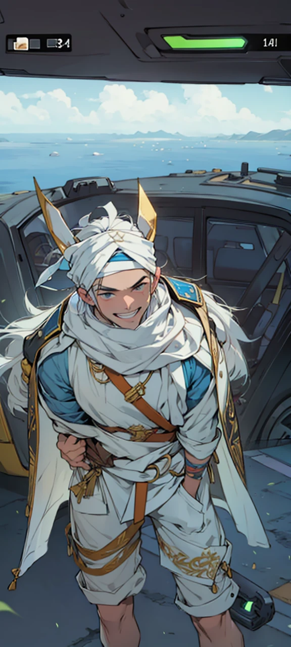 naughty man, white mouth bandana, white and gold captain's hat and Adidas clothes