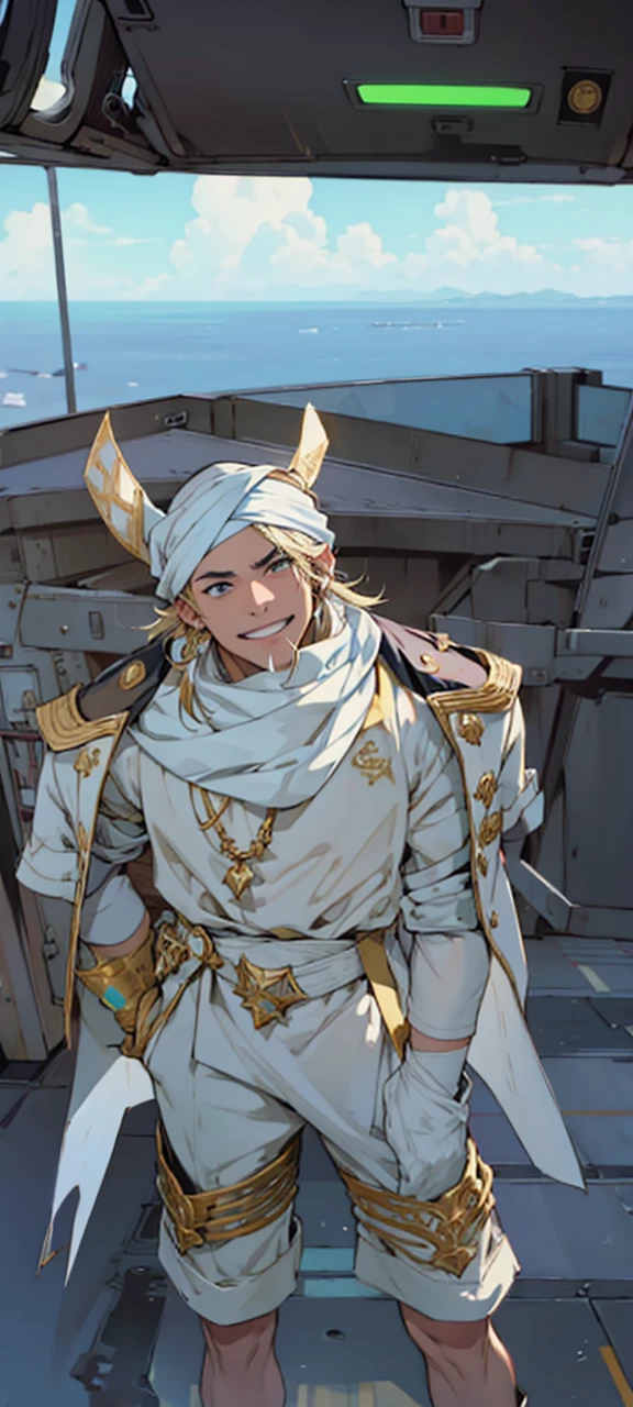 naughty man, white mouth bandana, white and gold captain's hat and Adidas clothes