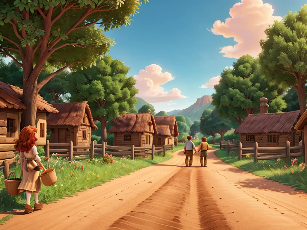A captivating Disney animation scene set on the dirt road that leads back to the village 2 wooden buckets, a red-haired woman with long messy hair, plus a man with brown hair, all with their backs looking at the road; on the right side of the road there was a path of flowers and roses