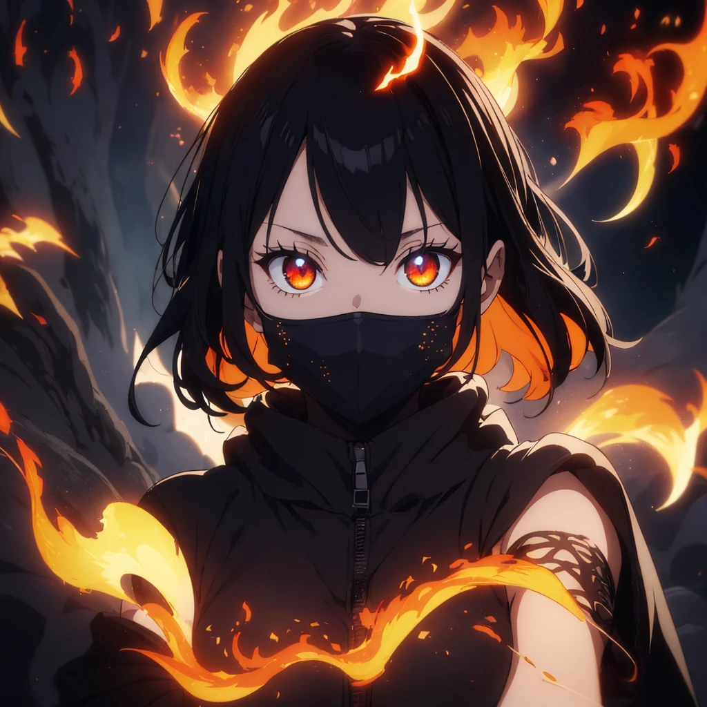 ((best quality)), ((masterpiece)), (detailed),score_9, score_8_up, score_8_up, 1girl, depth of field, raw, intimate shot, (goth girl, face mask, ski mask, close jacket, off the shoulder, ((glowing particles, flames)), large perfect breasts, (holding a weapon), hold a weapon, gun, gamer, AK12, dark fantasy, evil presence, swirling energy, detailed background, dramatic lighting