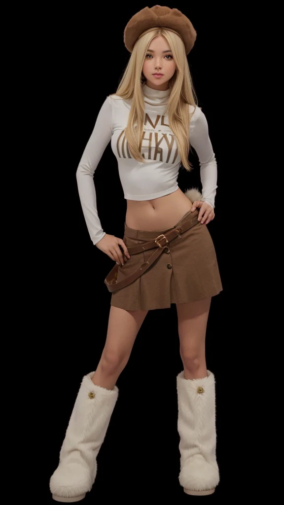 A beautiful girl in full body, com cropped branco, with a brown skirt, with furry boots, with straight blonde hair and a hat on her head.