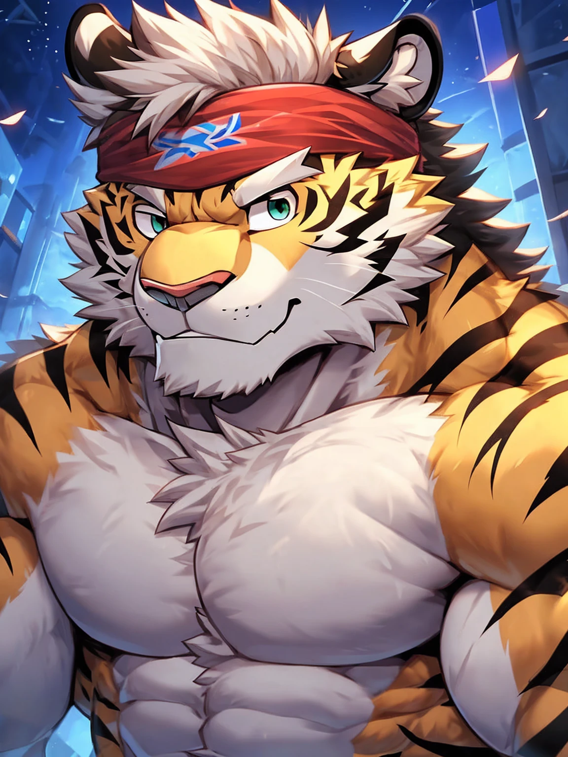 (8K, best quality, masterpiece:1.2),(best quality:1.0), (Ultra-high resolution:1.0), cartoon, A muscle tiger furry, Shoulder, Headband, Full body portrait,