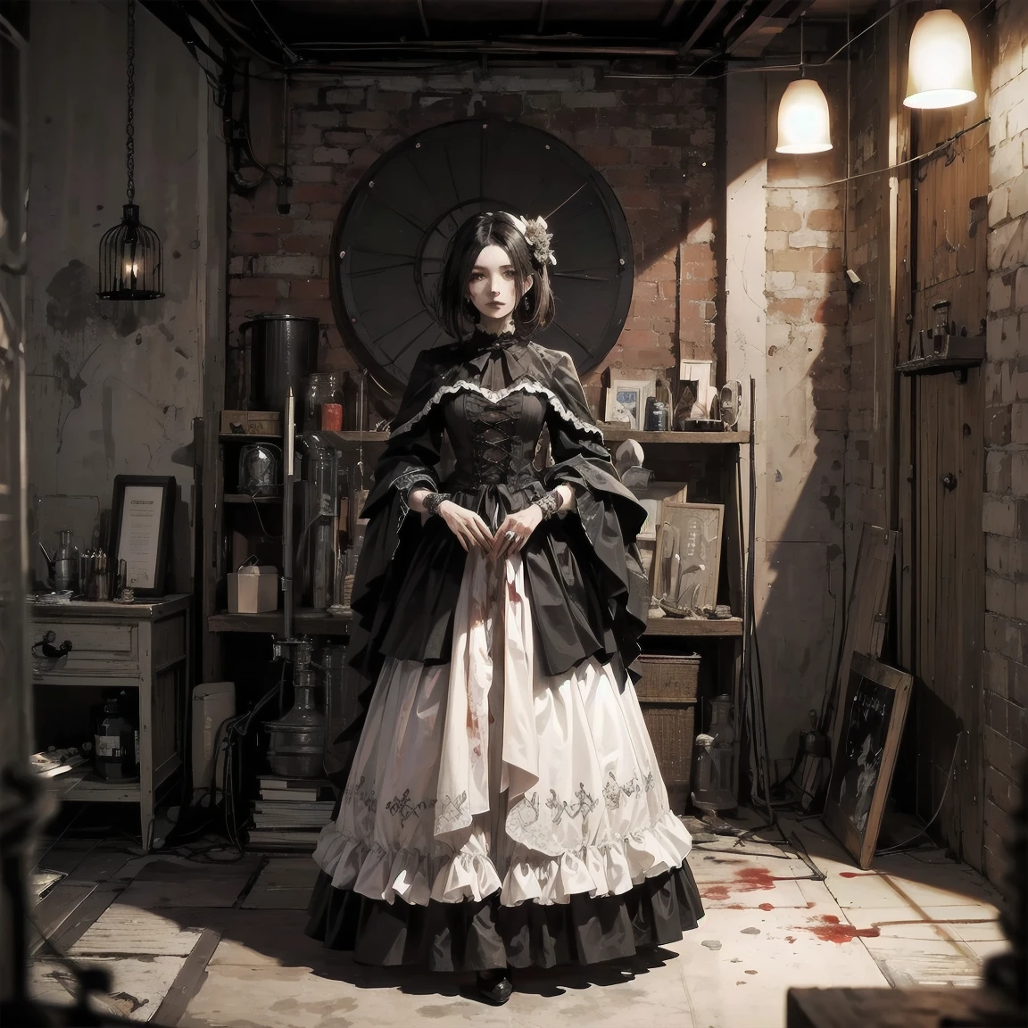（in 8K. ＨＤＲ.hyperrealism、Masterpiece 1.4、Live photo 1.4, Best quality1.4, Ultra Detailed 1.4、masterpiece:1.4、insanely detailed、perfect shading、Solo Photos、Nikon　nffsw.Lens 50mm、photographed in full length）（（（gothic ta、horror、Necronomicon、skeletal,scull,girl、midnight、Dimly lit basement、basement, full of creepy items、necromancer、、The whole body is covered in blood、、full length photo 1.5）））（（（FEMALES, 18 year old、Small face 1.4、Short Bob、Bangs on the forehead、Dark-haired、five fingers.）））、（muscular body、living Dead、intestines,intestines、pale ,pale skin、Dead Body、Detailed skin with visible pores、very detailed and beautiful face、Detailed skin）、