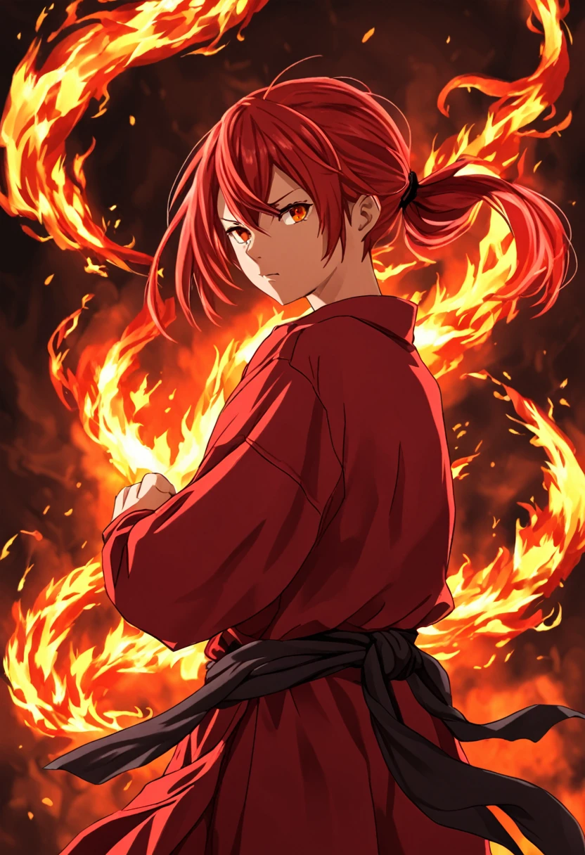 age woman, Red hair, long and tied , loose and red clothes, power of fire